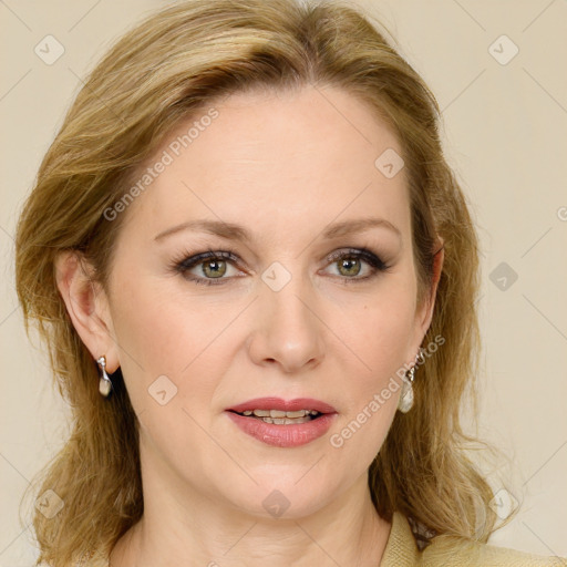 Joyful white young-adult female with long  brown hair and green eyes