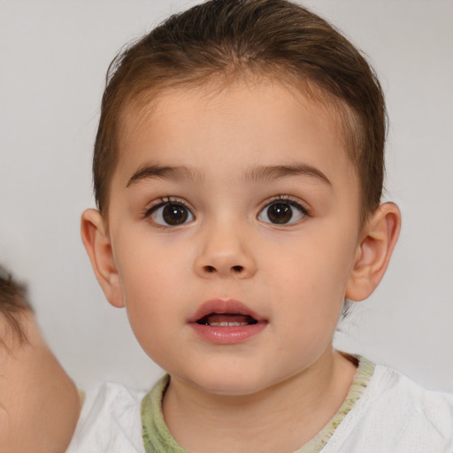 Neutral white child female with short  brown hair and brown eyes