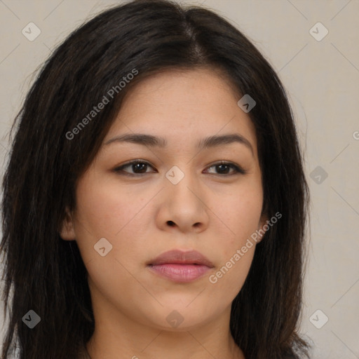 Neutral asian young-adult female with long  brown hair and brown eyes