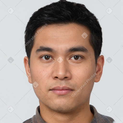 Neutral asian young-adult male with short  black hair and brown eyes