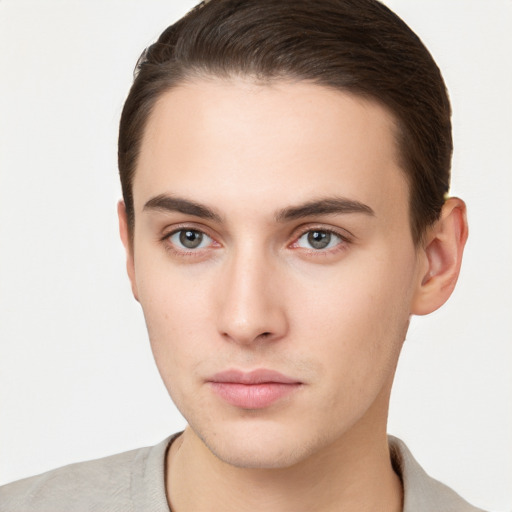 Neutral white young-adult male with short  brown hair and brown eyes