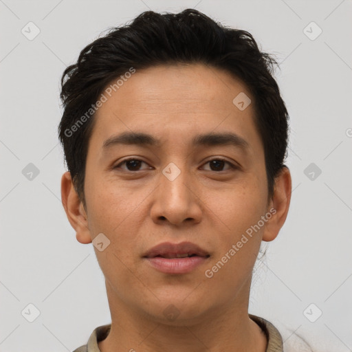 Neutral asian young-adult male with short  brown hair and brown eyes