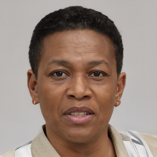 Joyful black adult male with short  brown hair and brown eyes