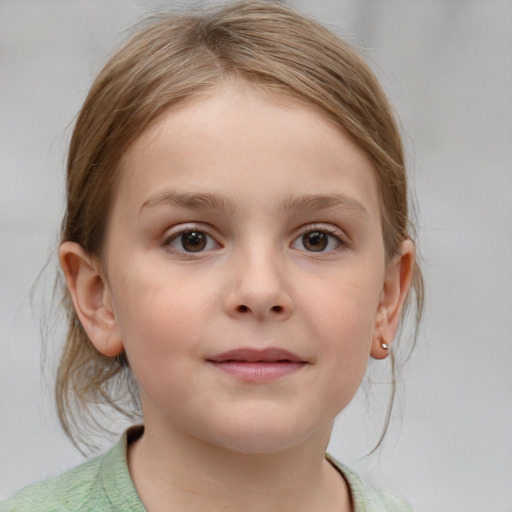 Joyful white child female with medium  brown hair and blue eyes