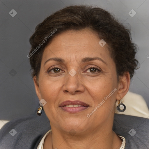 Joyful white adult female with short  brown hair and brown eyes