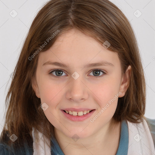 Joyful white child female with medium  brown hair and brown eyes