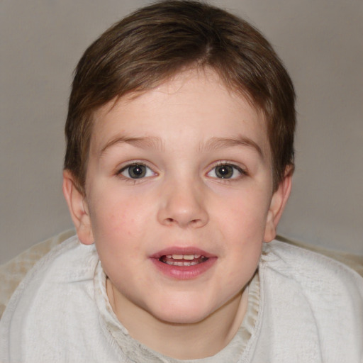 Joyful white child female with medium  brown hair and blue eyes