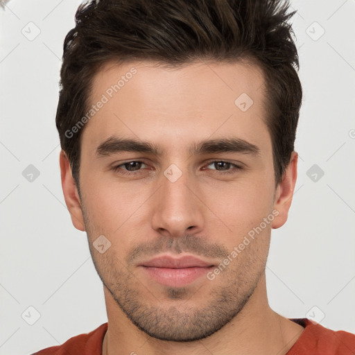 Neutral white young-adult male with short  brown hair and brown eyes