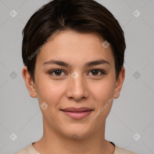 Joyful white young-adult female with short  brown hair and brown eyes