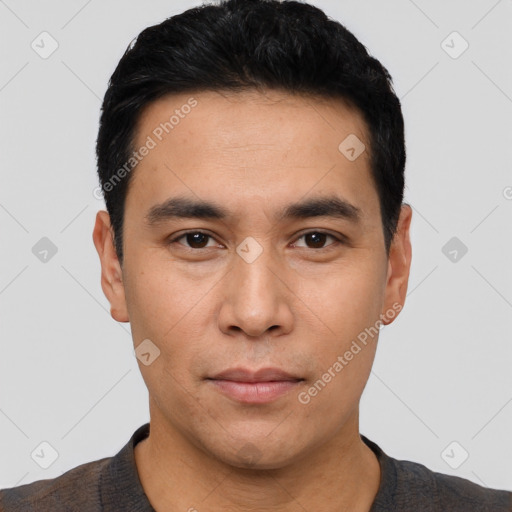 Neutral asian young-adult male with short  black hair and brown eyes