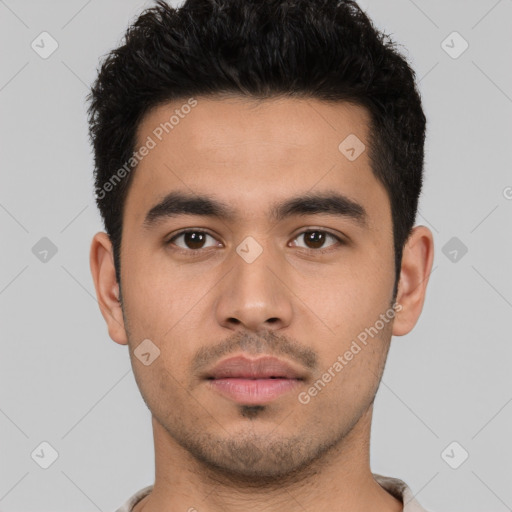 Neutral latino young-adult male with short  black hair and brown eyes