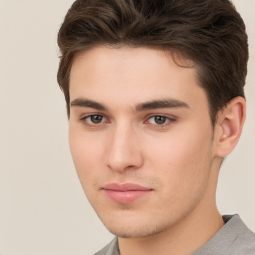 Neutral white young-adult male with short  brown hair and brown eyes