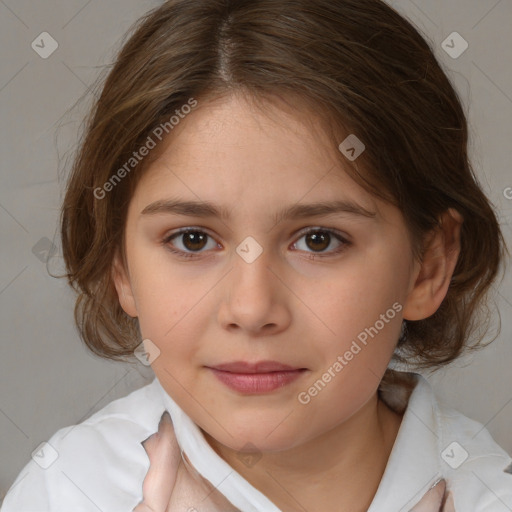 Joyful white child female with medium  brown hair and brown eyes