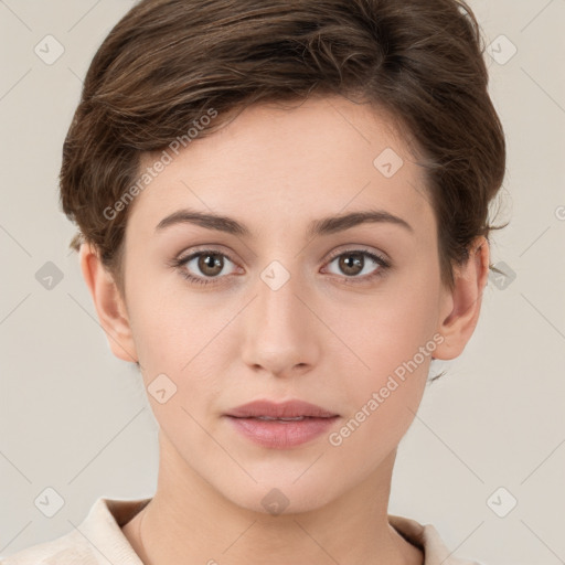 Neutral white young-adult female with short  brown hair and grey eyes