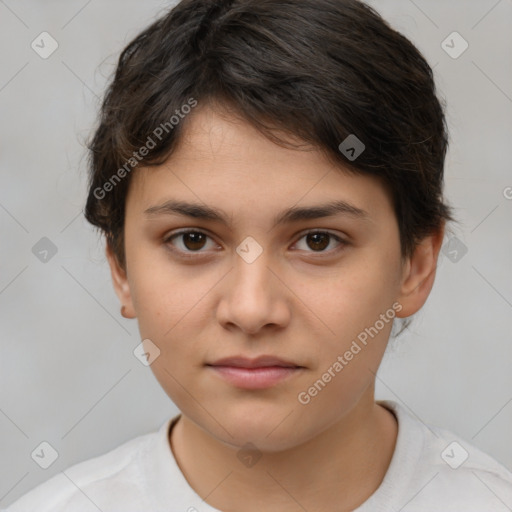 Neutral white young-adult female with short  brown hair and brown eyes