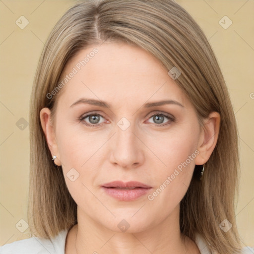 Neutral white young-adult female with medium  brown hair and grey eyes