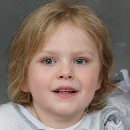 Joyful white child female with medium  brown hair and blue eyes