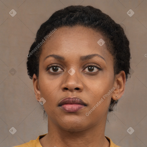 Neutral black young-adult female with short  brown hair and brown eyes