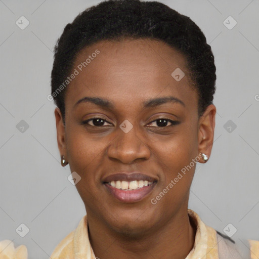 Joyful latino young-adult female with short  black hair and brown eyes