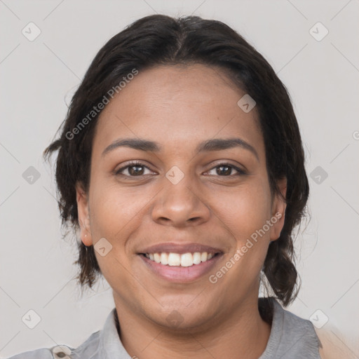 Joyful latino young-adult female with medium  brown hair and brown eyes