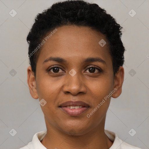 Joyful black young-adult female with short  black hair and brown eyes