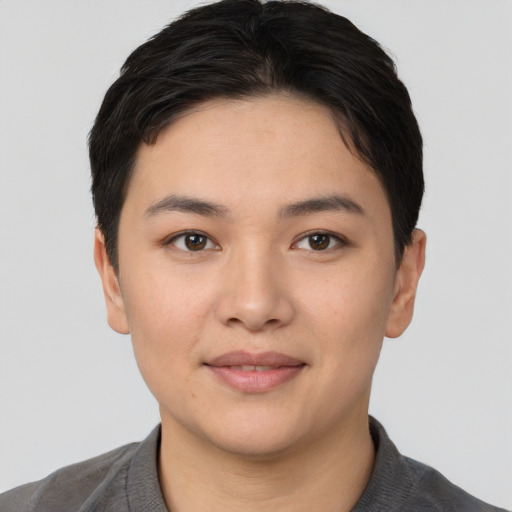 Joyful asian young-adult female with short  black hair and brown eyes