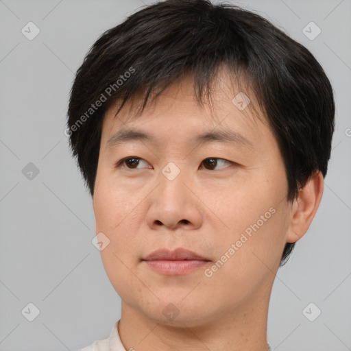 Joyful asian adult male with short  brown hair and brown eyes