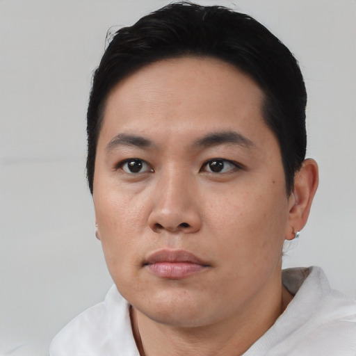 Neutral asian young-adult male with short  black hair and brown eyes