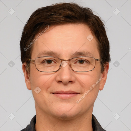 Joyful white adult male with short  brown hair and grey eyes