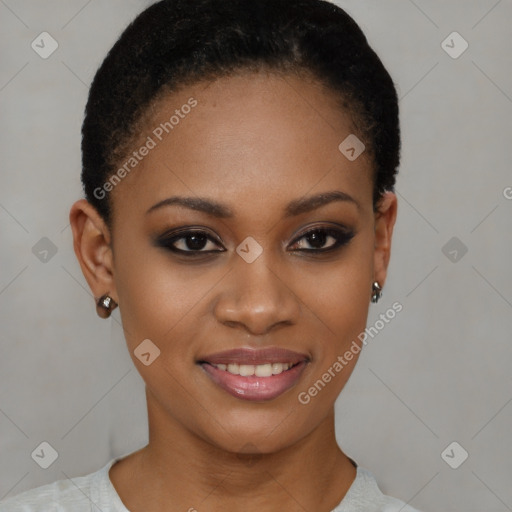Joyful latino young-adult female with short  brown hair and brown eyes