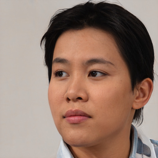 Neutral asian young-adult female with medium  black hair and brown eyes