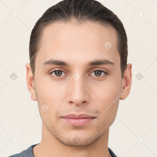 Neutral white young-adult male with short  brown hair and brown eyes