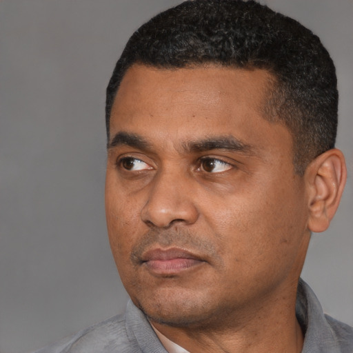 Neutral latino adult male with short  black hair and brown eyes