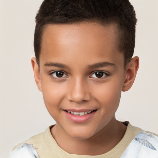 Joyful white child female with short  brown hair and brown eyes