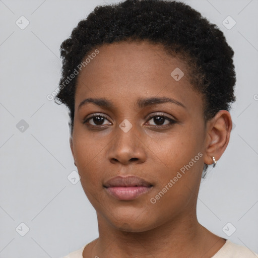 Neutral black young-adult female with short  brown hair and brown eyes