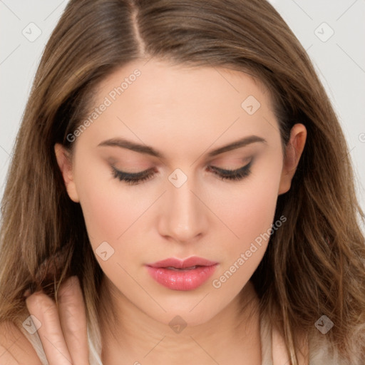 Neutral white young-adult female with long  brown hair and brown eyes