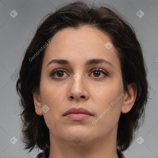 Neutral white young-adult female with medium  brown hair and brown eyes