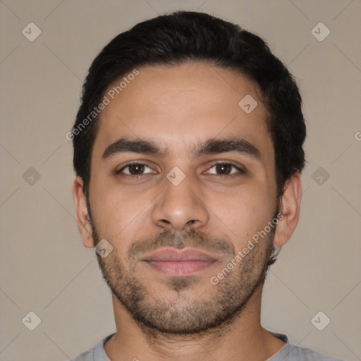 Neutral latino young-adult male with short  black hair and brown eyes