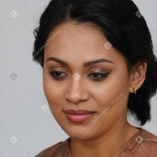 Joyful latino young-adult female with long  brown hair and brown eyes