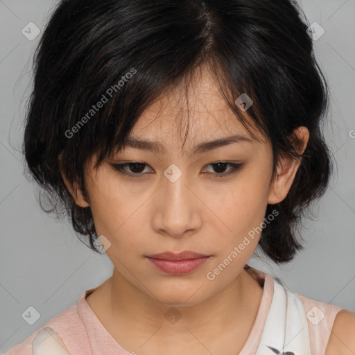 Neutral asian young-adult female with medium  black hair and brown eyes