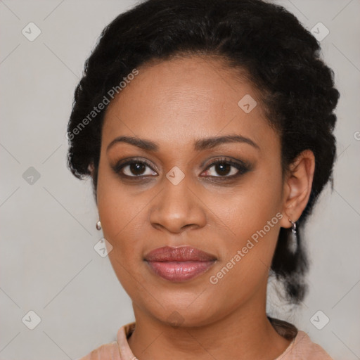 Joyful latino young-adult female with short  black hair and brown eyes