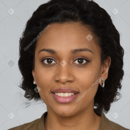 Joyful black young-adult female with medium  black hair and brown eyes