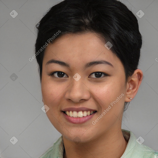 Joyful asian young-adult female with short  brown hair and brown eyes