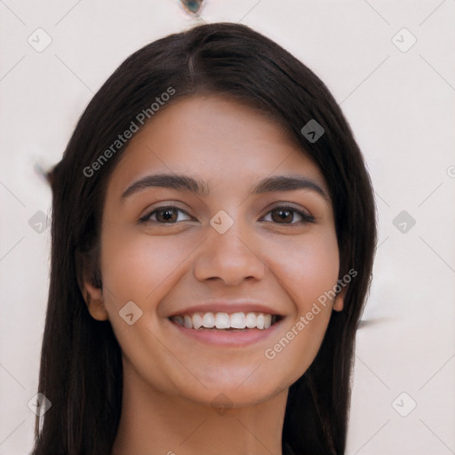 Joyful white young-adult female with long  black hair and brown eyes