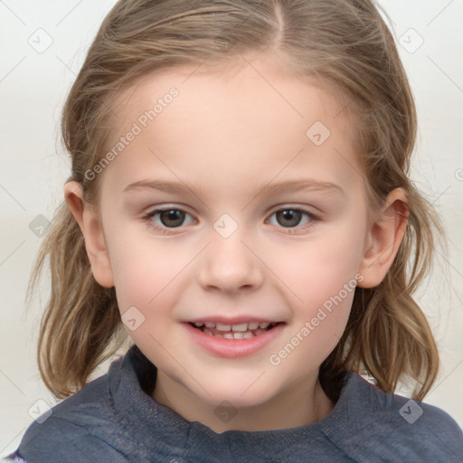 Joyful white child female with medium  brown hair and grey eyes