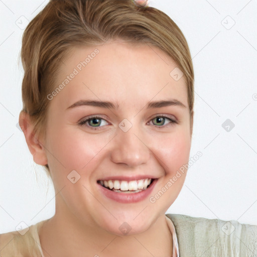 Joyful white young-adult female with medium  brown hair and blue eyes