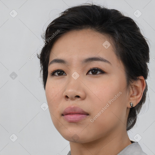 Neutral asian young-adult female with medium  brown hair and brown eyes