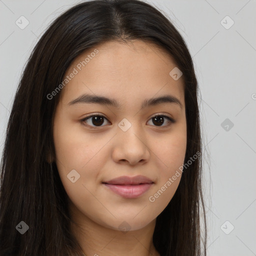 Joyful asian young-adult female with long  brown hair and brown eyes