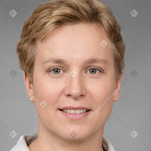 Joyful white adult female with short  brown hair and grey eyes