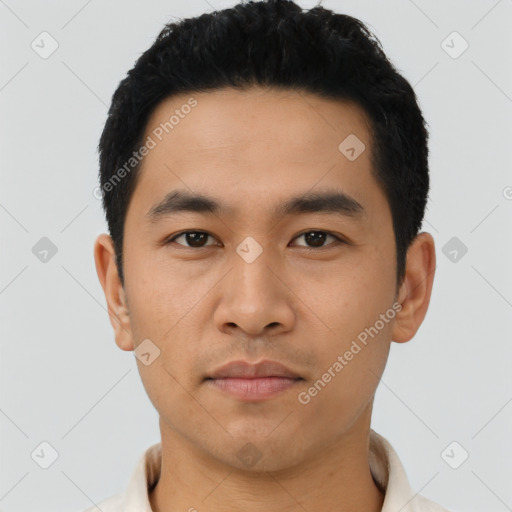 Neutral asian young-adult male with short  black hair and brown eyes